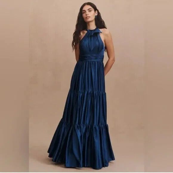 NWT $598 Mac Duggal Bow Ruffle Halter Neck Gown Sapphire Blue 50658‎ SZ 0